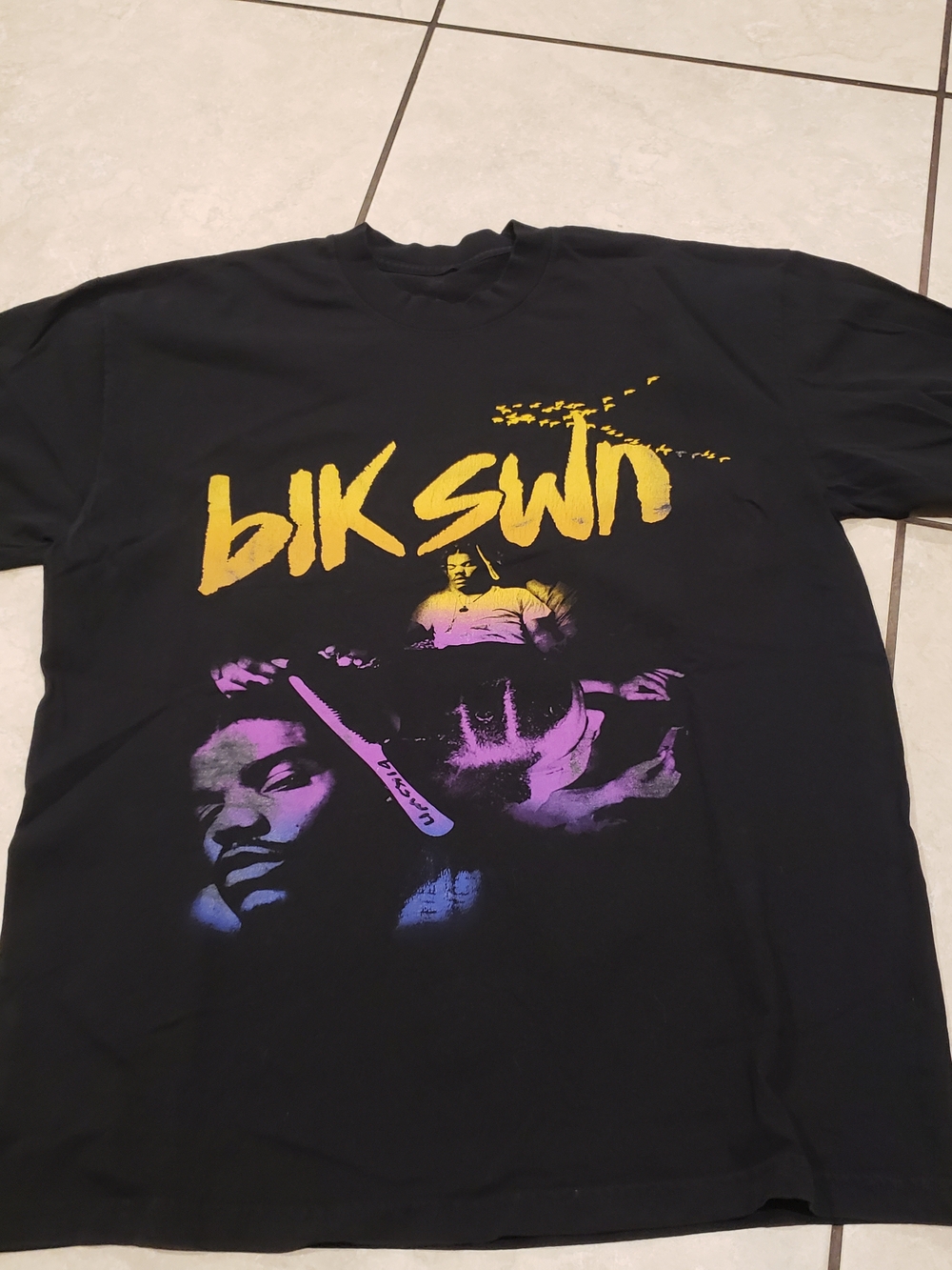 Gildan Black T‑Shirt with Yellow and Purple Graphic